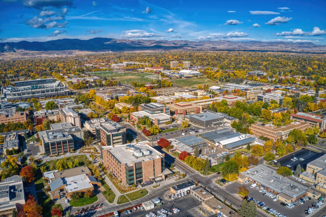 Aerial view of Colorado State University campus in Fort Collins, Colorado, during Autumn